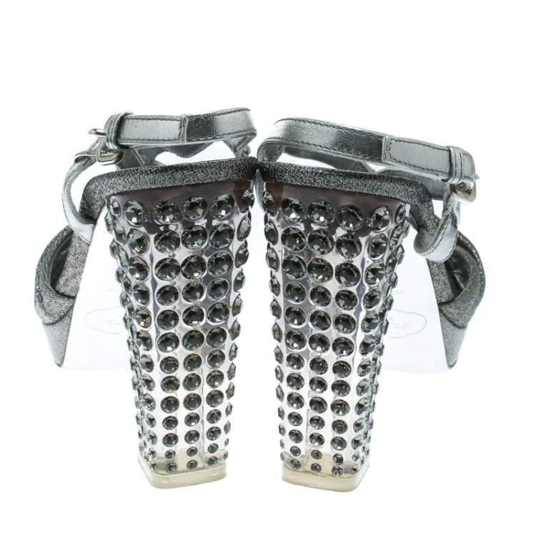 Pre Owned Prada Silver Fabric and Leather Crystal Embellished Slingback Sandals Size 36