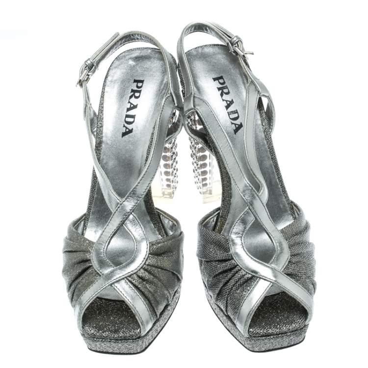 Pre Owned Prada Silver Fabric and Leather Crystal Embellished Slingback Sandals Size 36