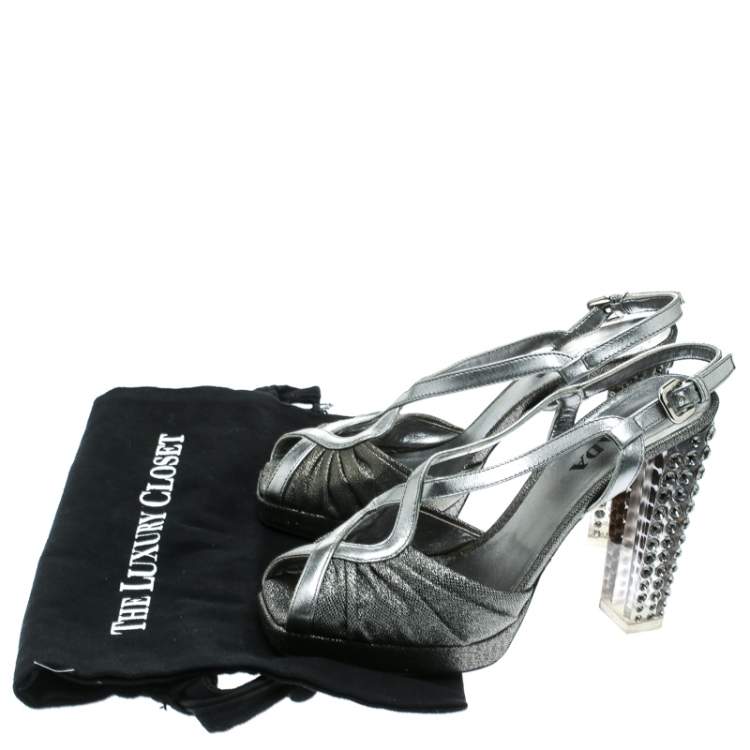 Pre Owned Prada Silver Fabric and Leather Crystal Embellished Slingback Sandals Size 36