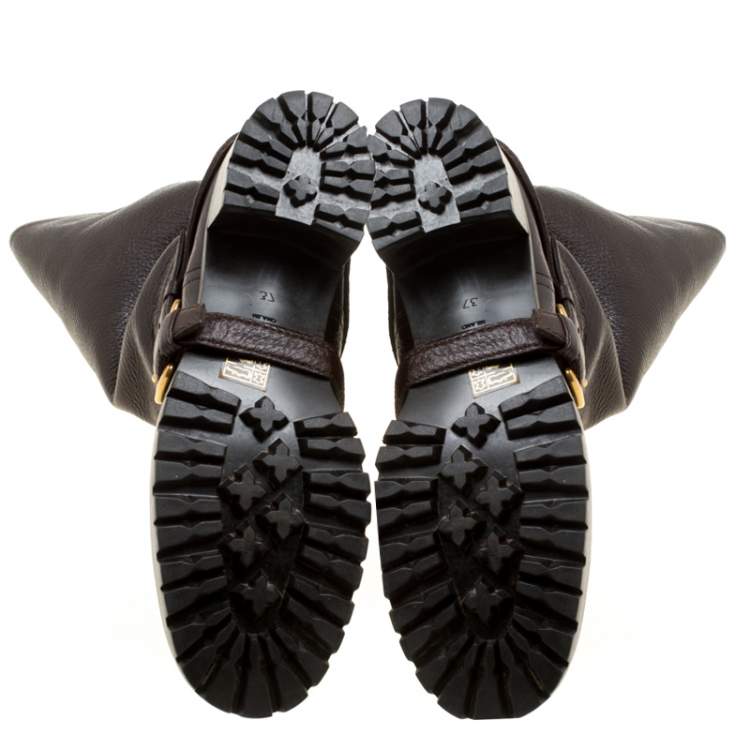 Pre Owned Prada Brown Leather Buckle Detail Calf Length Boots Size 37