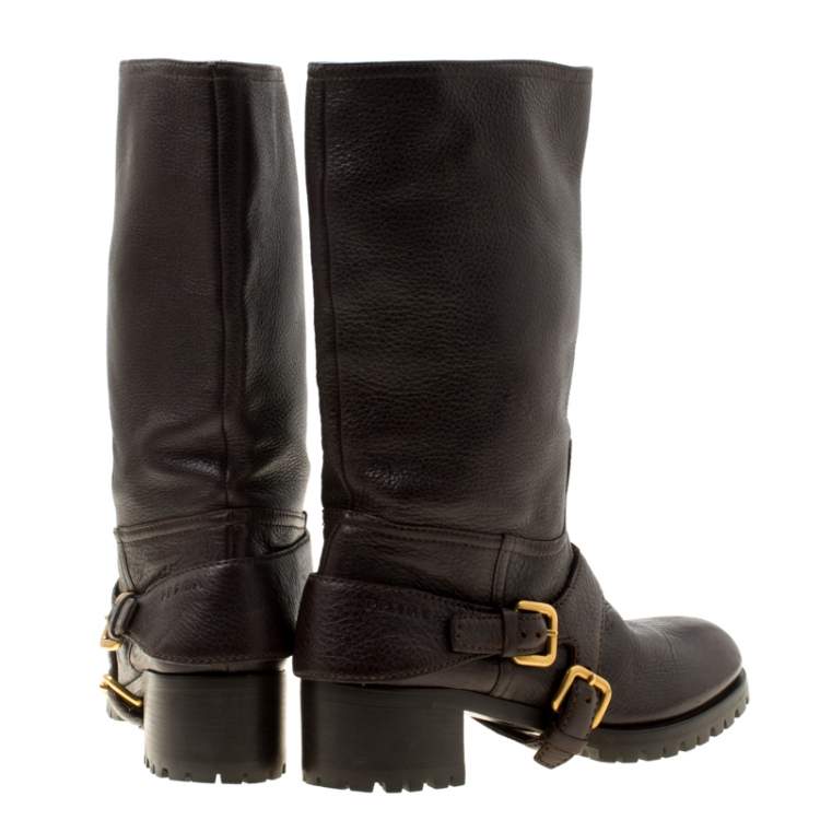 Pre Owned Prada Brown Leather Buckle Detail Calf Length Boots Size 37