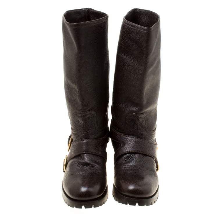Pre Owned Prada Brown Leather Buckle Detail Calf Length Boots Size 37