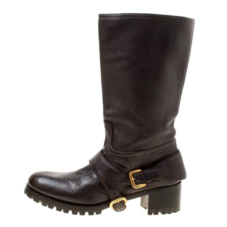 Pre Owned Prada Brown Leather Buckle Detail Calf Length Boots Size 37