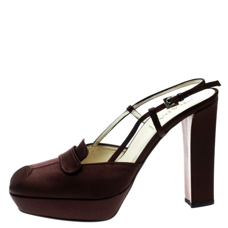 Prada Brown Satin Platform Block Heel Loafer Sandals Size  Prada | TLC