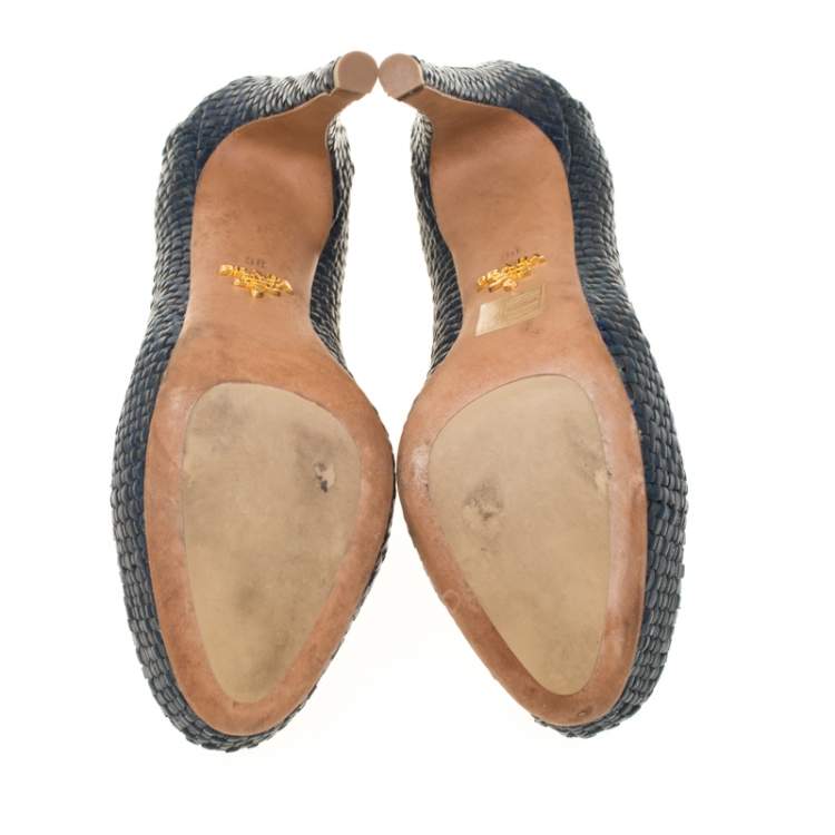 Pre Owned Prada Blue Woven Leather Madras Platform Pumps Size 38