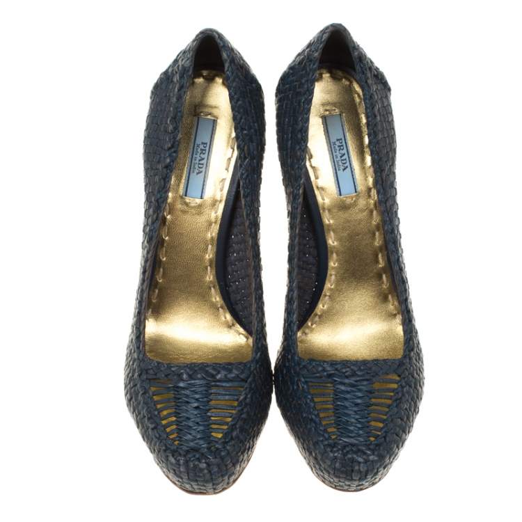 Pre Owned Prada Blue Woven Leather Madras Platform Pumps Size 38