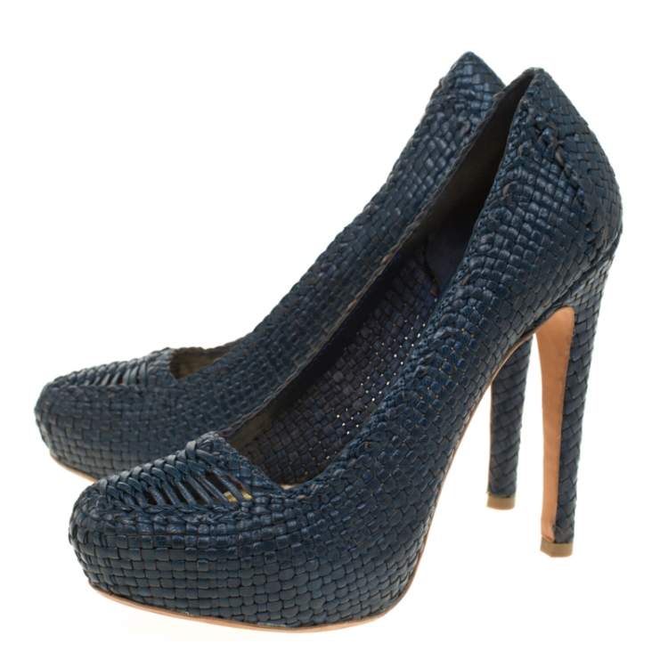 Pre Owned Prada Blue Woven Leather Madras Platform Pumps Size 38