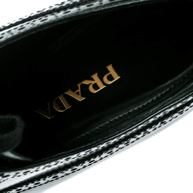 Pre Owned Prada Black Brogue Leather And Leopard Print Calf Hair Platform Derby Size 41