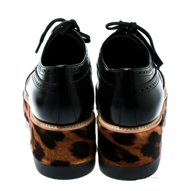 Pre Owned Prada Black Brogue Leather And Leopard Print Calf Hair Platform Derby Size 41