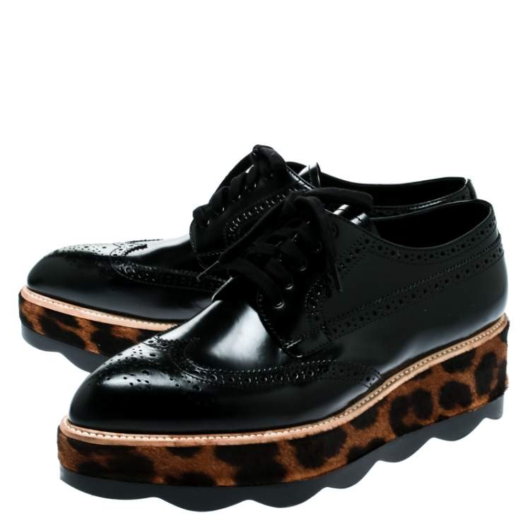 Pre Owned Prada Black Brogue Leather And Leopard Print Calf Hair Platform Derby Size 41