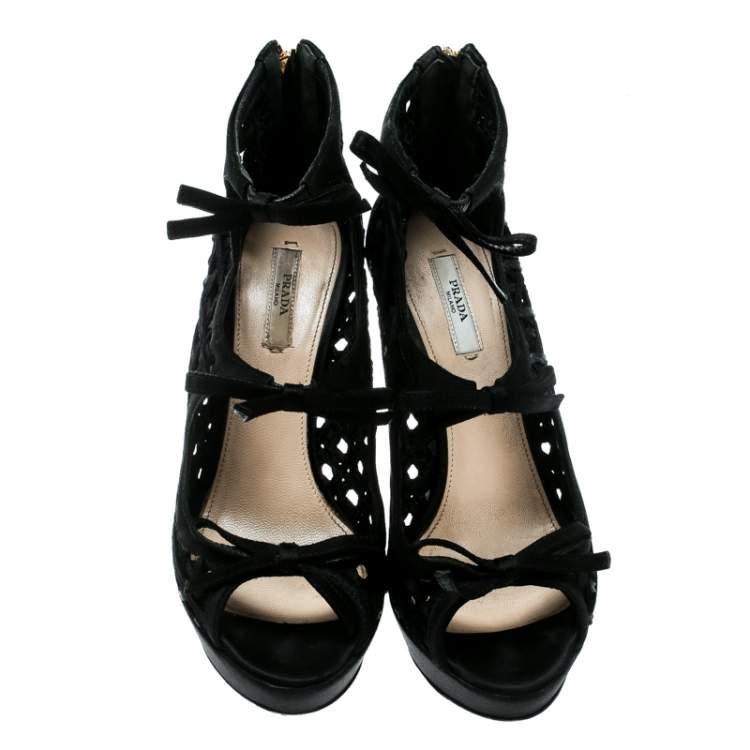 Pre Owned Prada Black Satin Lattice Cut Out Open Toe Ankle Booties Size 38