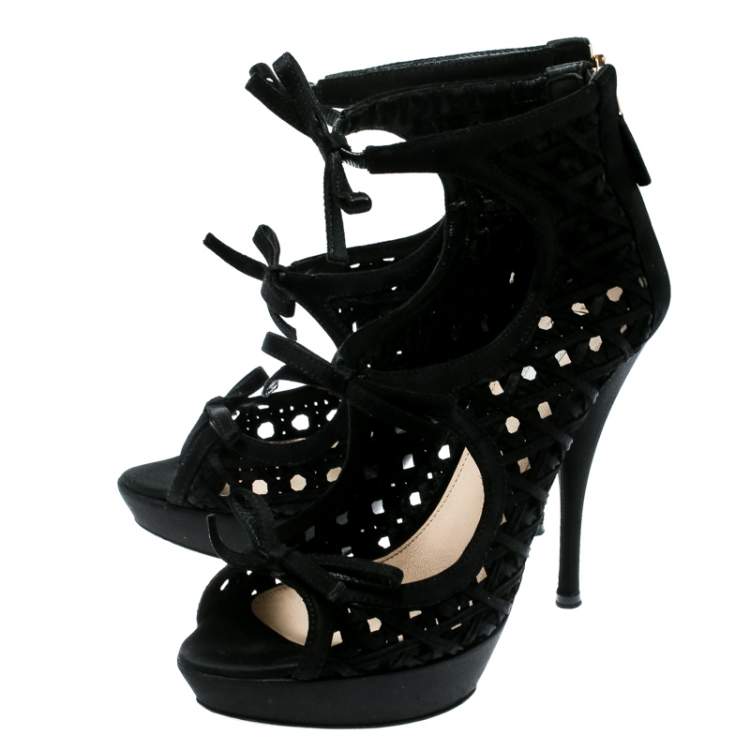 Pre Owned Prada Black Satin Lattice Cut Out Open Toe Ankle Booties Size 38