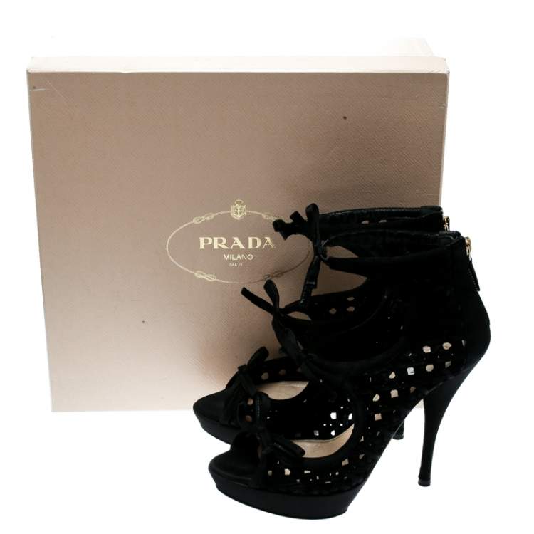 Pre Owned Prada Black Satin Lattice Cut Out Open Toe Ankle Booties Size 38