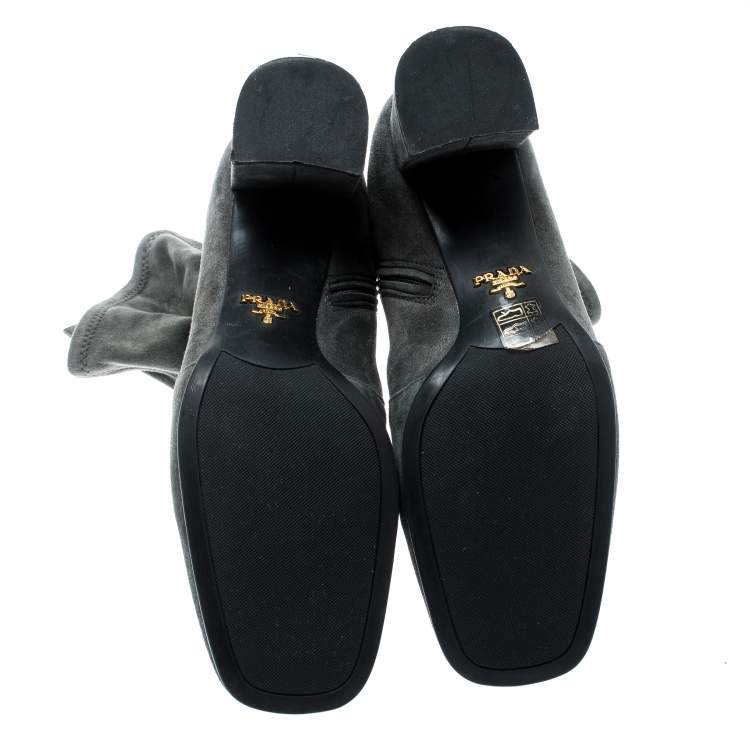 Pre Owned Prada Grey Suede Block Heel Ankle Boots Size 39