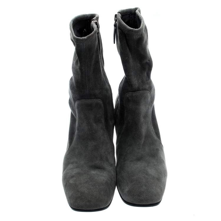 Pre Owned Prada Grey Suede Block Heel Ankle Boots Size 39