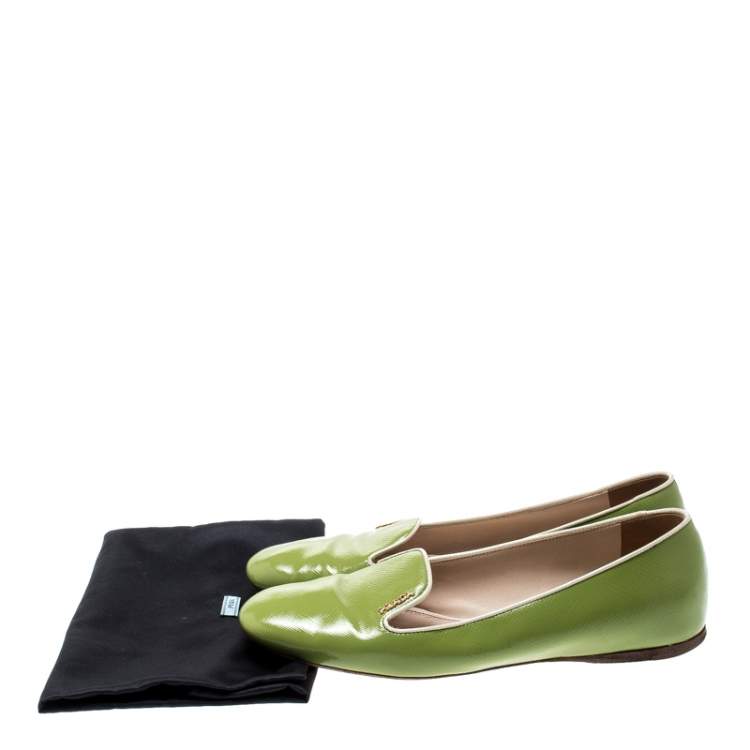 Pre Owned Prada Green Patent Saffiano Leather Smoking Slippers Size 38