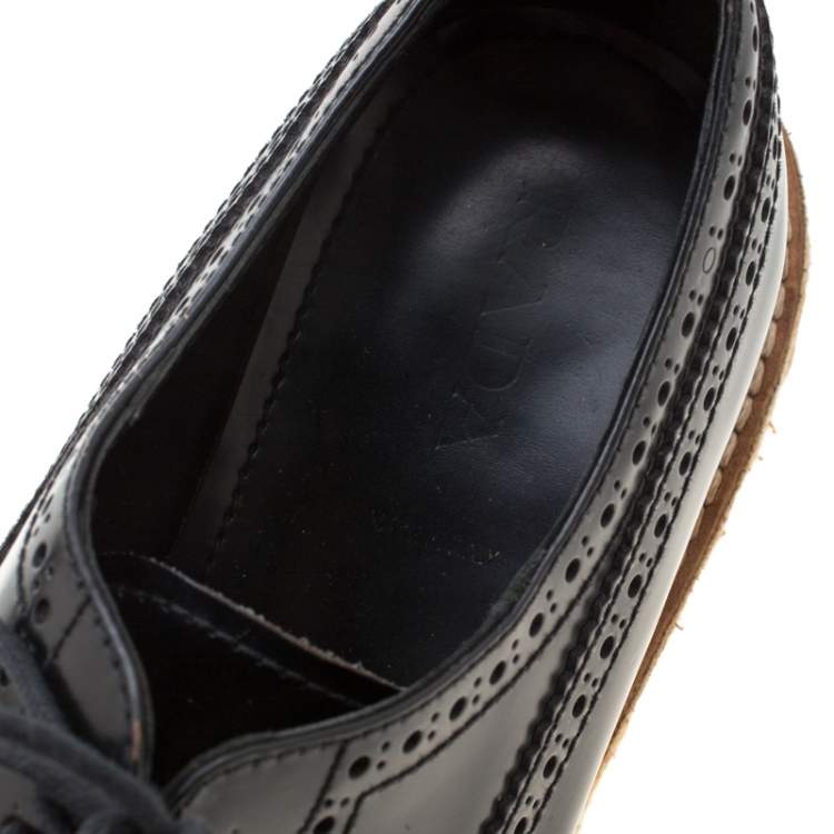 Pre Owned Prada Black Brogue Wingtip Leather Espadrille Derby Size 37.5