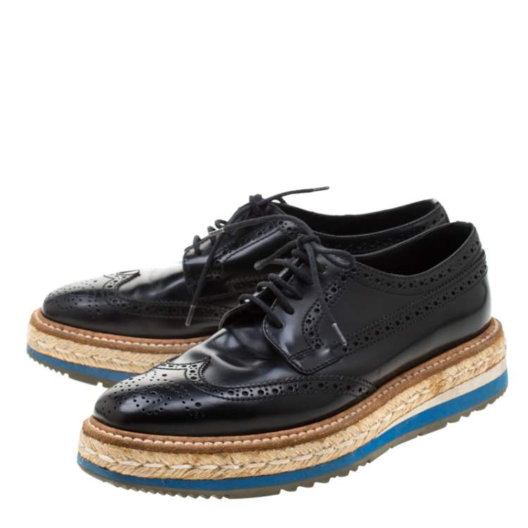 Pre Owned Prada Black Brogue Wingtip Leather Espadrille Derby Size 37.5
