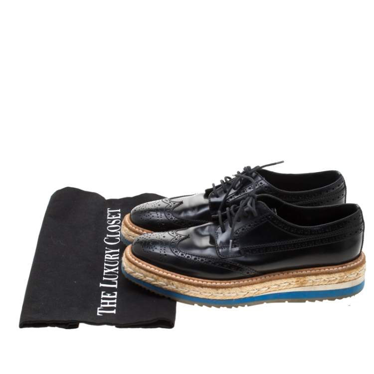 Pre Owned Prada Black Brogue Wingtip Leather Espadrille Derby Size 37.5