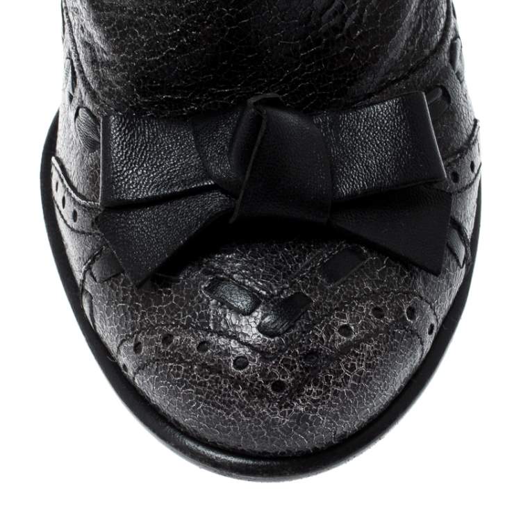 Pre Owned Prada Dark Grey Crackled Leather Bow Detail Mid Calf Boots Size 36
