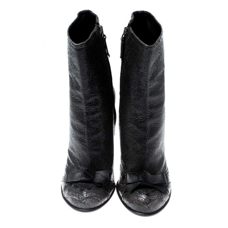 Pre Owned Prada Dark Grey Crackled Leather Bow Detail Mid Calf Boots Size 36