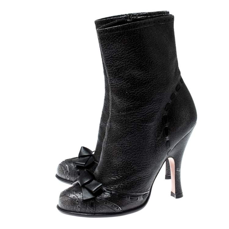 Pre Owned Prada Dark Grey Crackled Leather Bow Detail Mid Calf Boots Size 36