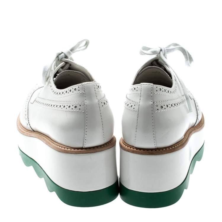 Pre Owned Prada White/Green Brogue Leather Platform Wingtip Lace Up Derby Size 38