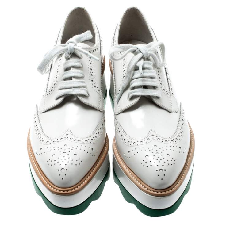 Pre Owned Prada White/Green Brogue Leather Platform Wingtip Lace Up Derby Size 38