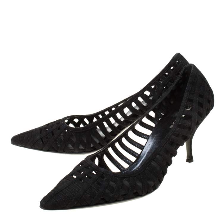 Pre Owned Prada Black Cutout Suede Pointed Toe Kitten Heel Pumps Size 37