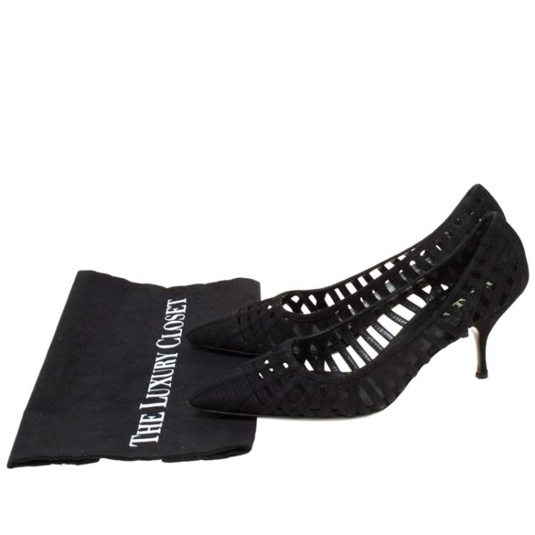 Pre Owned Prada Black Cutout Suede Pointed Toe Kitten Heel Pumps Size 37