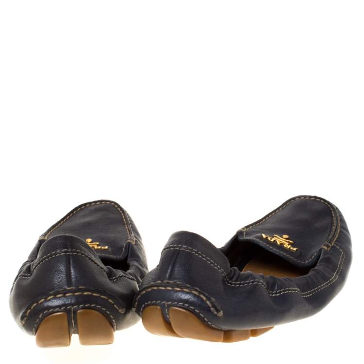 Pre Owned Prada Blue Leather Scrunch Slip On Loafers Size 38