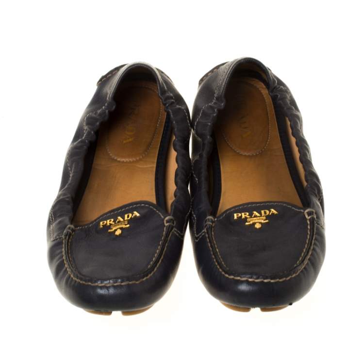 Pre Owned Prada Blue Leather Scrunch Slip On Loafers Size 38