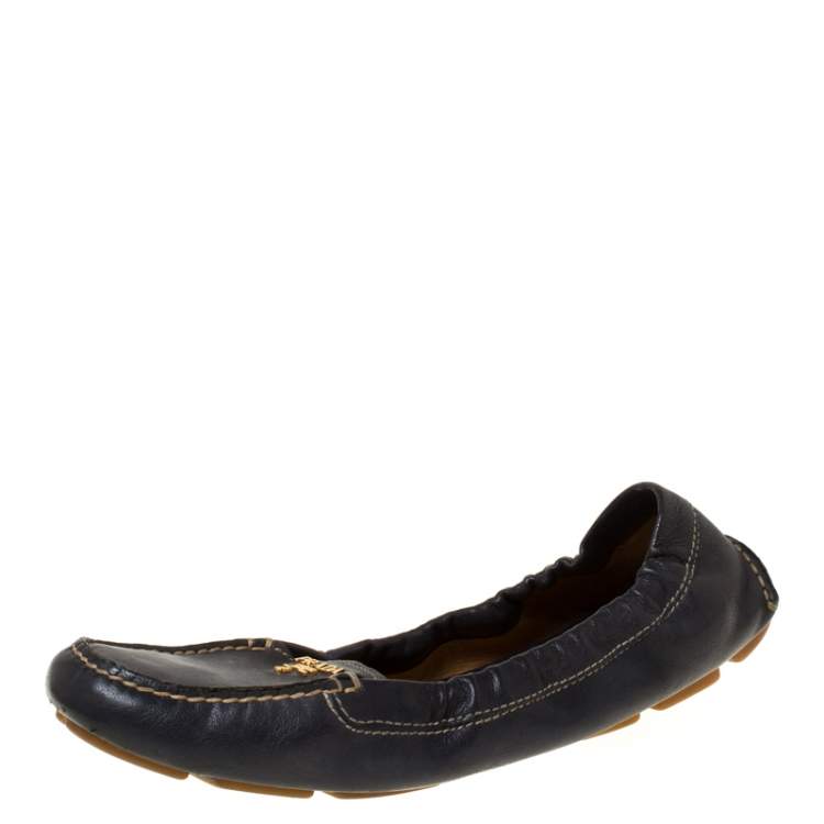 Pre Owned Prada Blue Leather Scrunch Slip On Loafers Size 38