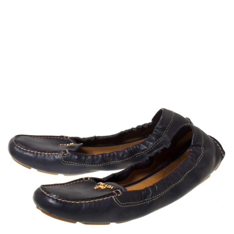 Pre Owned Prada Blue Leather Scrunch Slip On Loafers Size 38