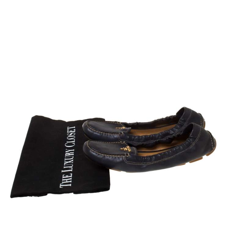 Pre Owned Prada Blue Leather Scrunch Slip On Loafers Size 38