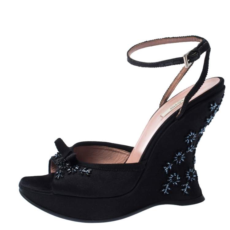 Pre Owned Prada Black Satin Embellished Platform Ankle Strap Sandals Size 37.5