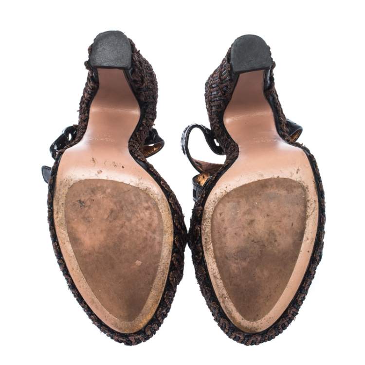Pre Owned Prada Black Patent Leather Raffia Platform Ankle Strap Sandals Size 39.5