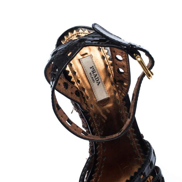 Pre Owned Prada Black Patent Leather Raffia Platform Ankle Strap Sandals Size 39.5