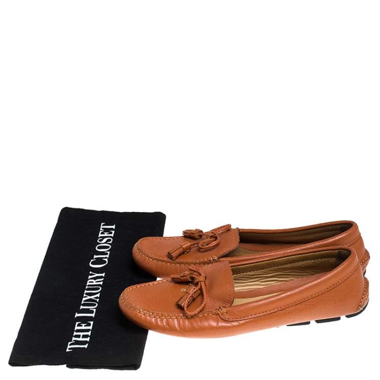 Pre Owned Prada Orange Saffiano Leather Bow Tassel Loafers Size 37