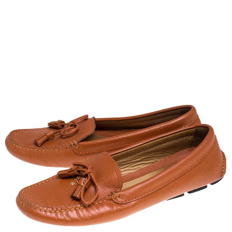 Pre Owned Prada Orange Saffiano Leather Bow Tassel Loafers Size 37