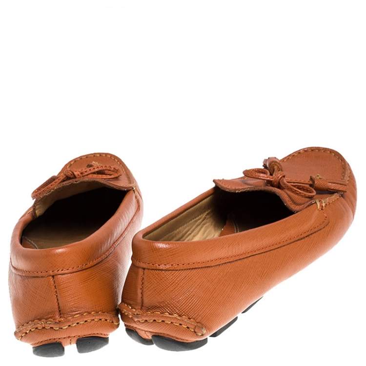 Pre Owned Prada Orange Saffiano Leather Bow Tassel Loafers Size 37