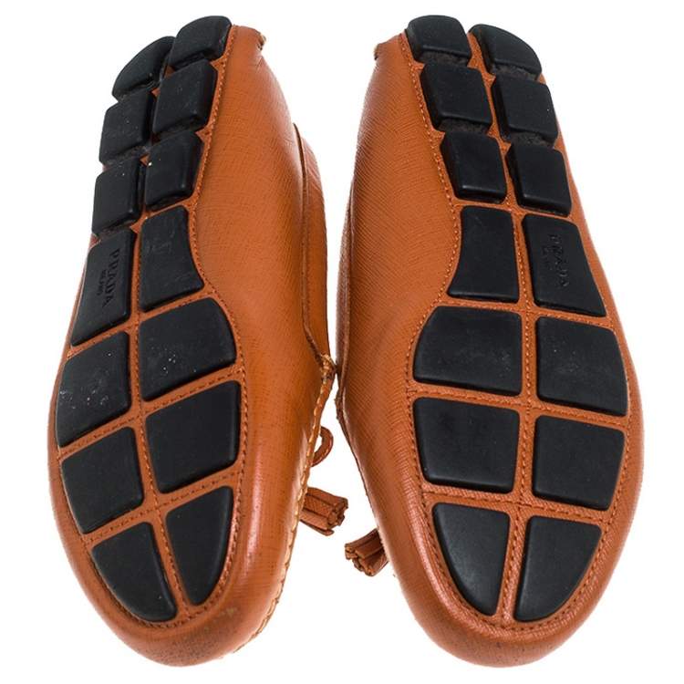 Pre Owned Prada Orange Saffiano Leather Bow Tassel Loafers Size 37