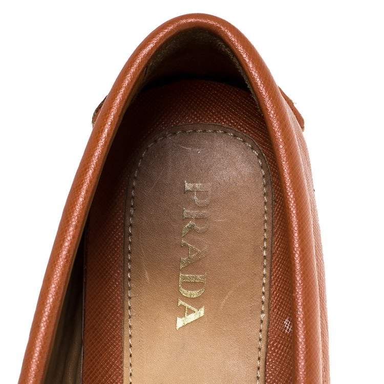 Pre Owned Prada Orange Saffiano Leather Bow Tassel Loafers Size 37
