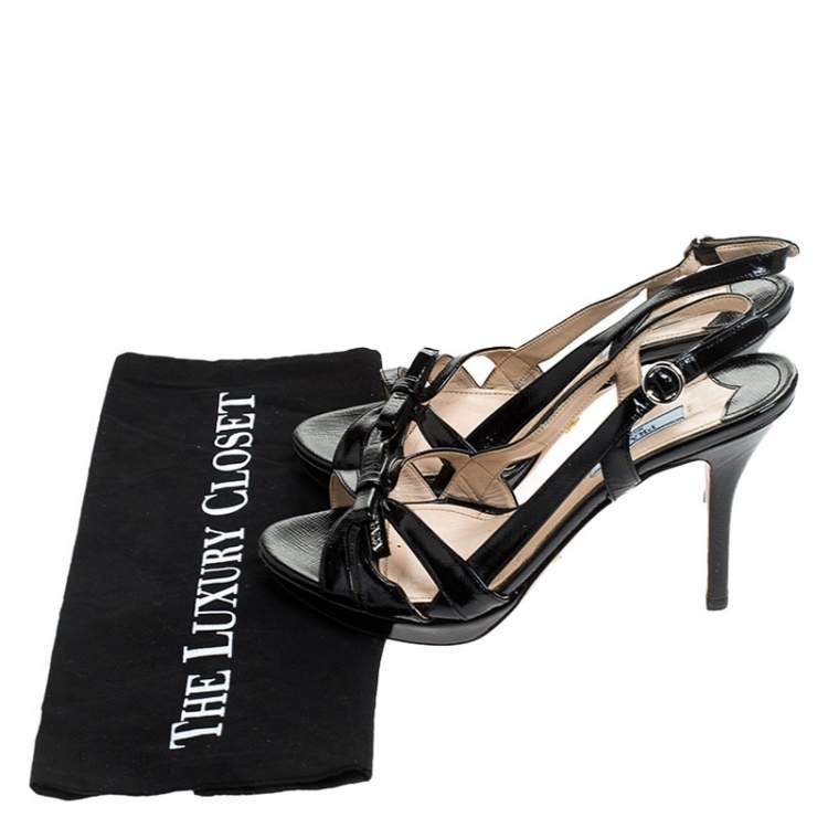 Pre Owned Prada Black Strappy Patent Leather Bow Open Toe Slingback Sandals Size 38