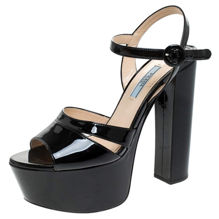 Prada Black Patent Leather Ankle Strap Block Heel Platform Sandals Size 38  Prada | TLC