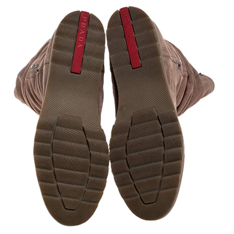 مملوكة مسبقًا Prada Sport Beige Textured Nubuck Slouch Mid Calf Flat Boots Size 38