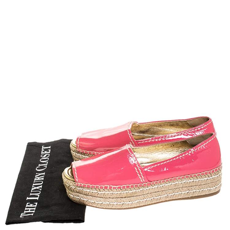 Pre Owned Prada Pink Patent Leather Peep Toe Platform Espadrilles Size 40