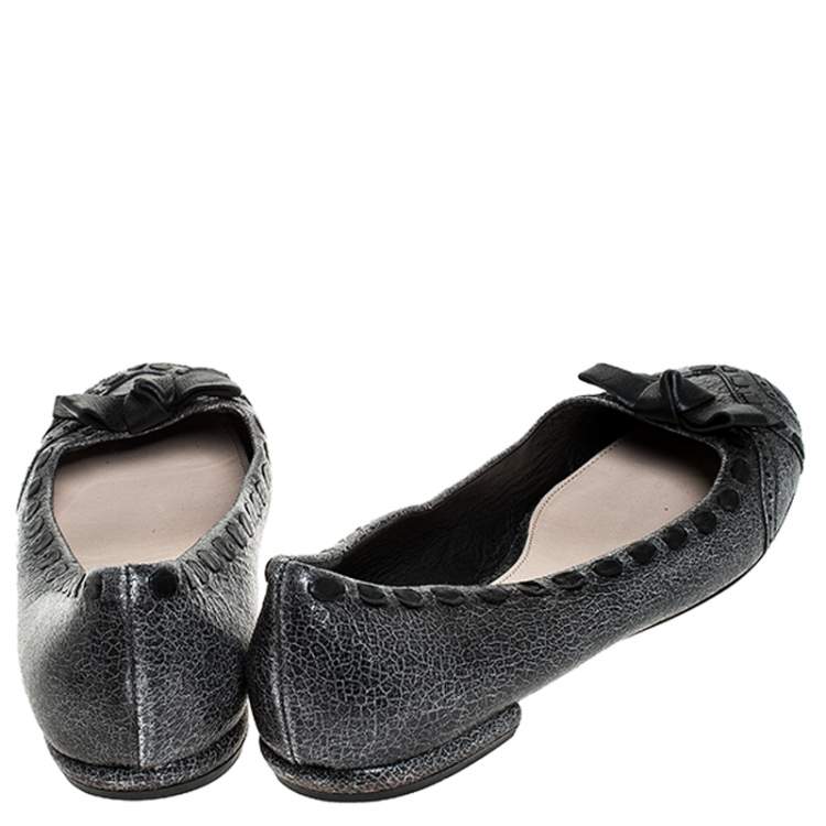 Pre Owned Prada Grey Textured Leather Bow Ballet Flats Size 39.5