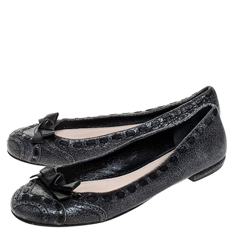 Pre Owned Prada Grey Textured Leather Bow Ballet Flats Size 39.5