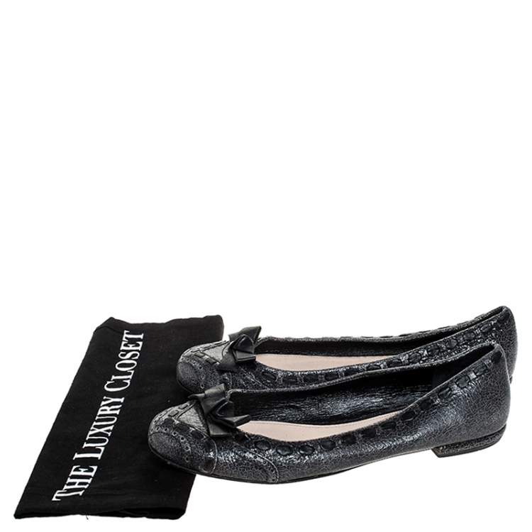 Pre Owned Prada Grey Textured Leather Bow Ballet Flats Size 39.5